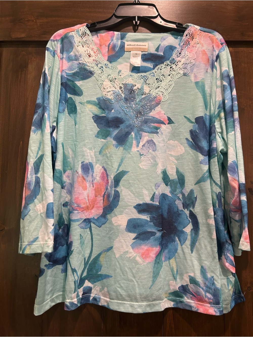 M388 Alfred Dunner Mint Floral Lace-Trim Long Sleeve Tee Sz 1X